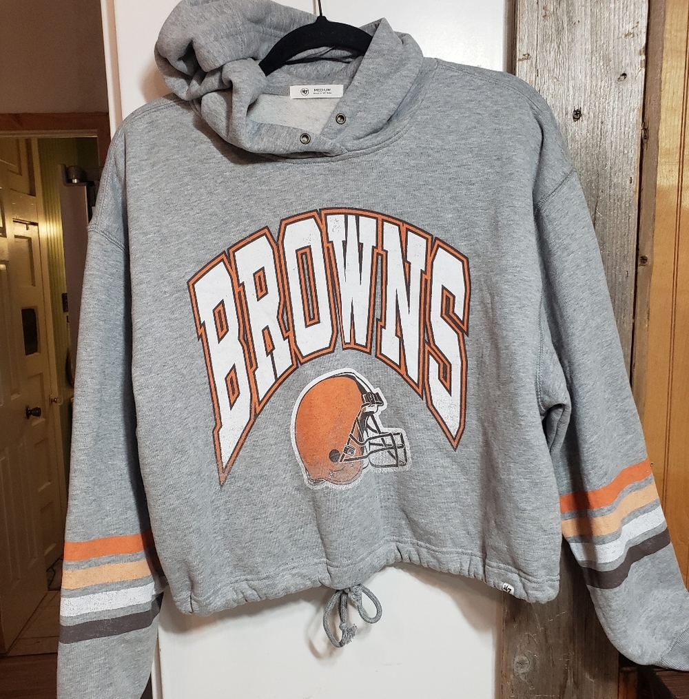 Cleveland Browns Women Oversized Crop Med Hoodie Brand '47 Gray Drawstring Waist